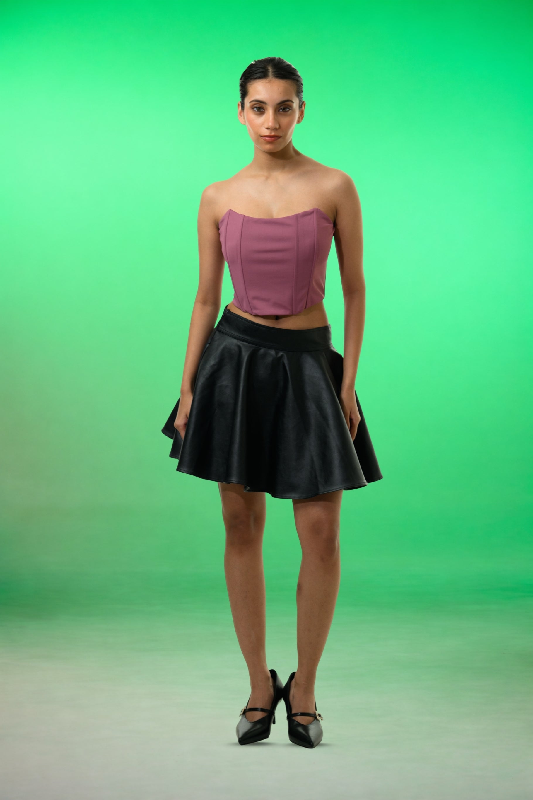 Pleated Bow Leather Skirt - Black