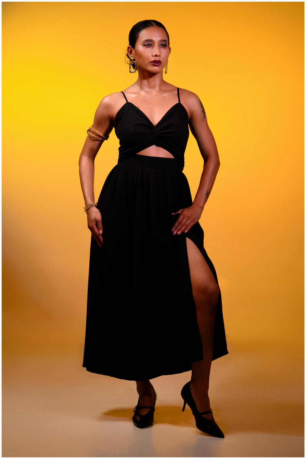 After Dark Twist Satin Midi Dress - Black