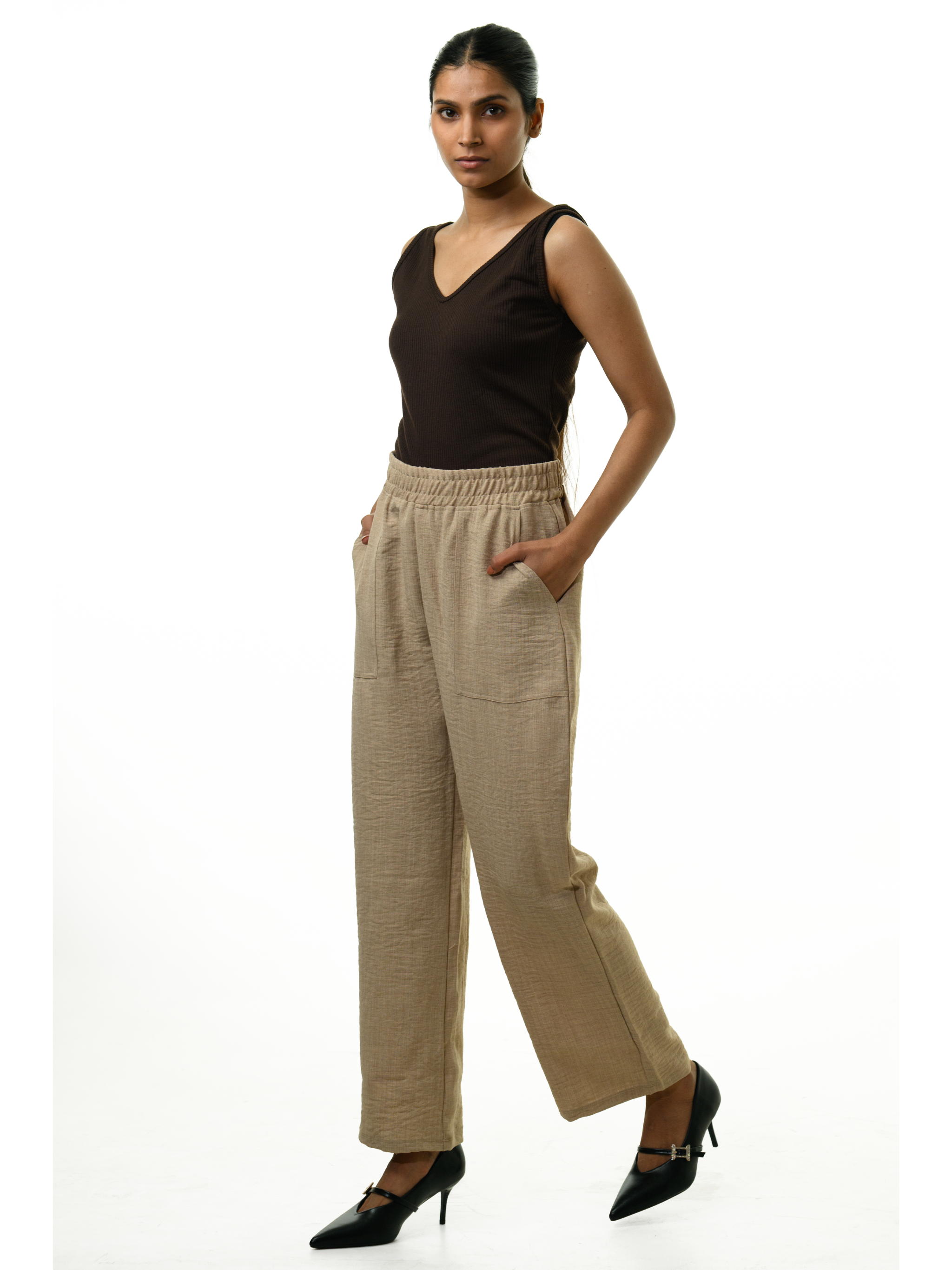 Linen Drawstring Waist Pants - Beige
