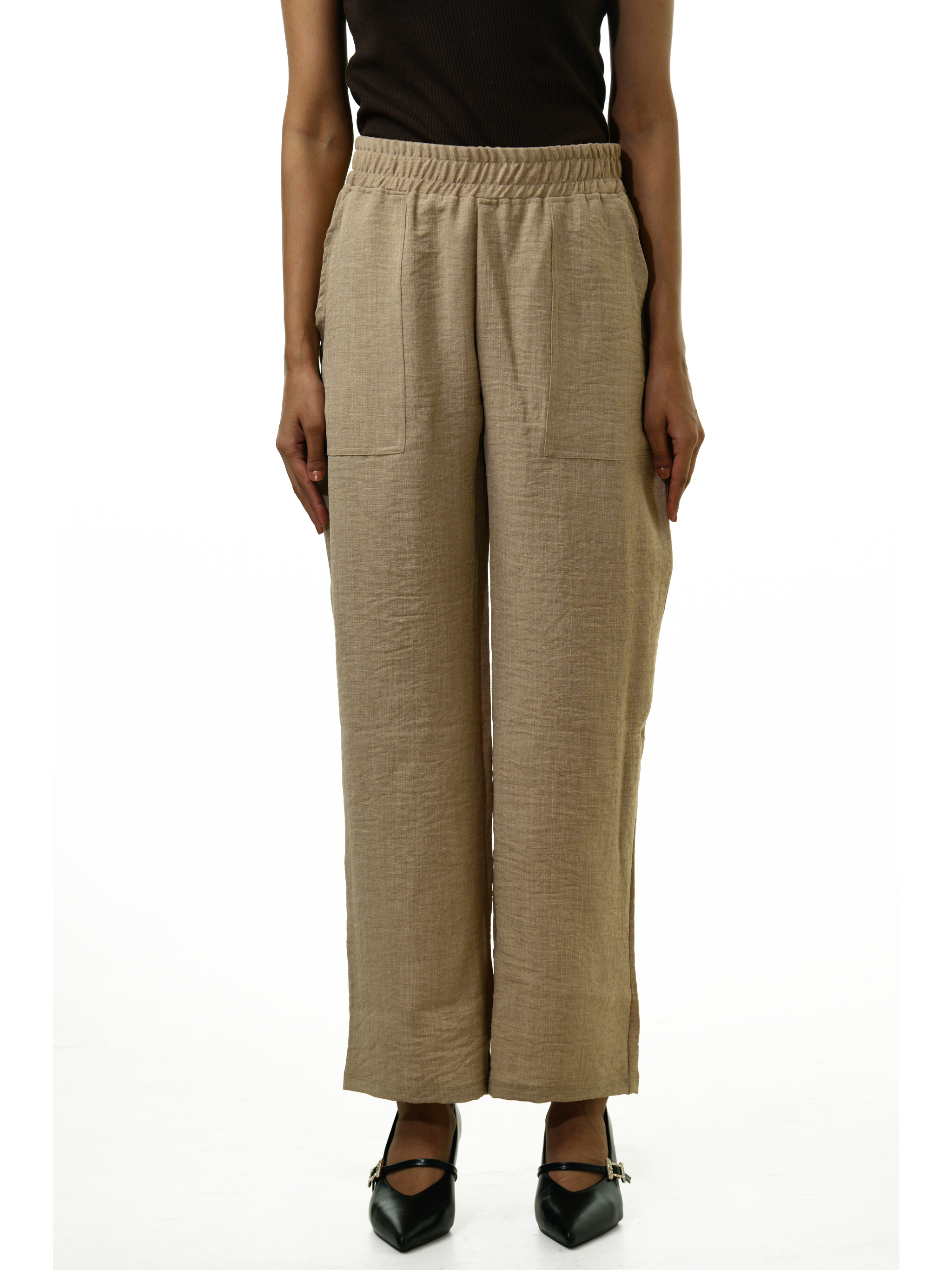 Linen Drawstring Waist Pants - Beige