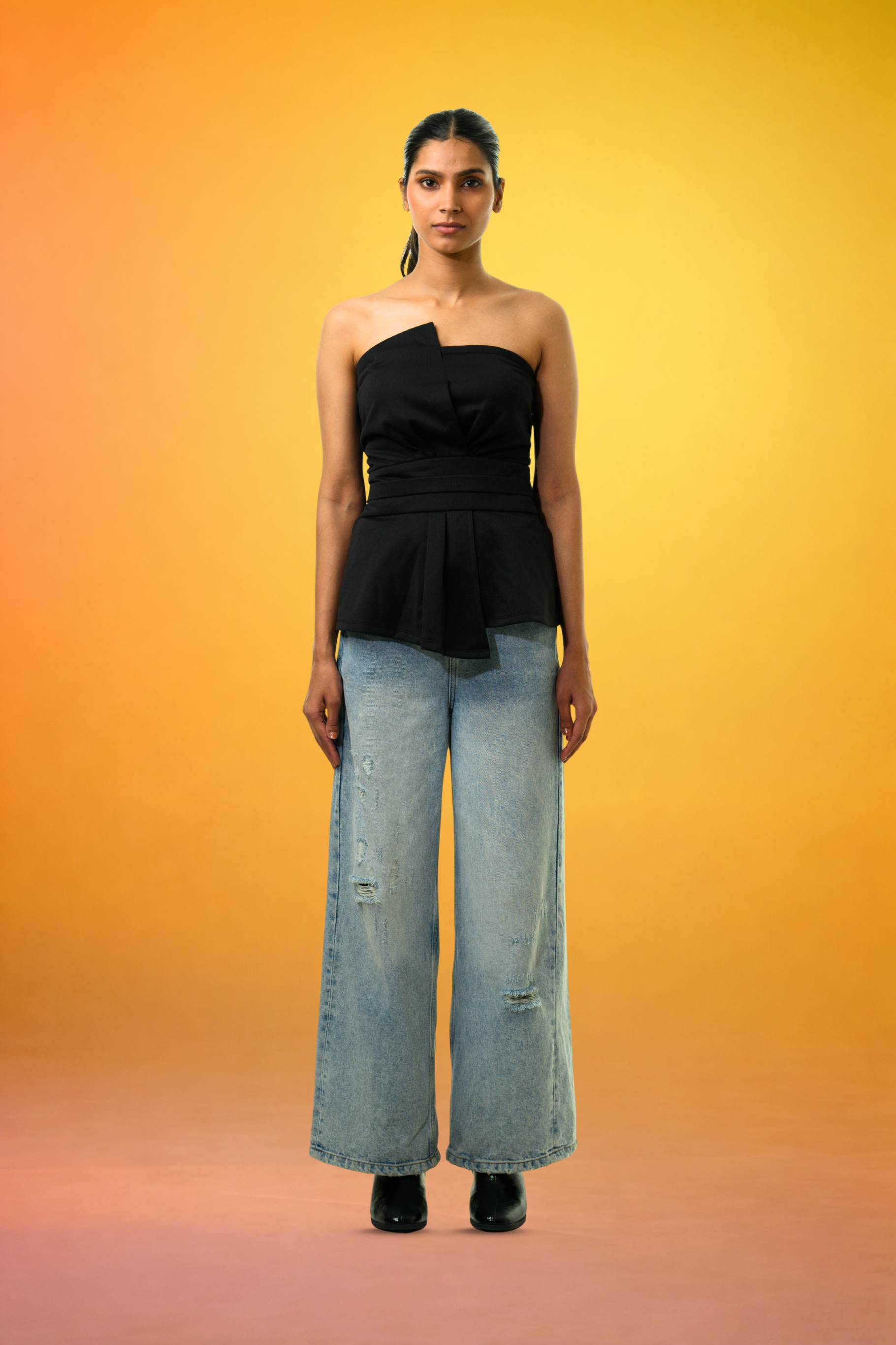 Cinched Sleeveless Strapless Top - Black