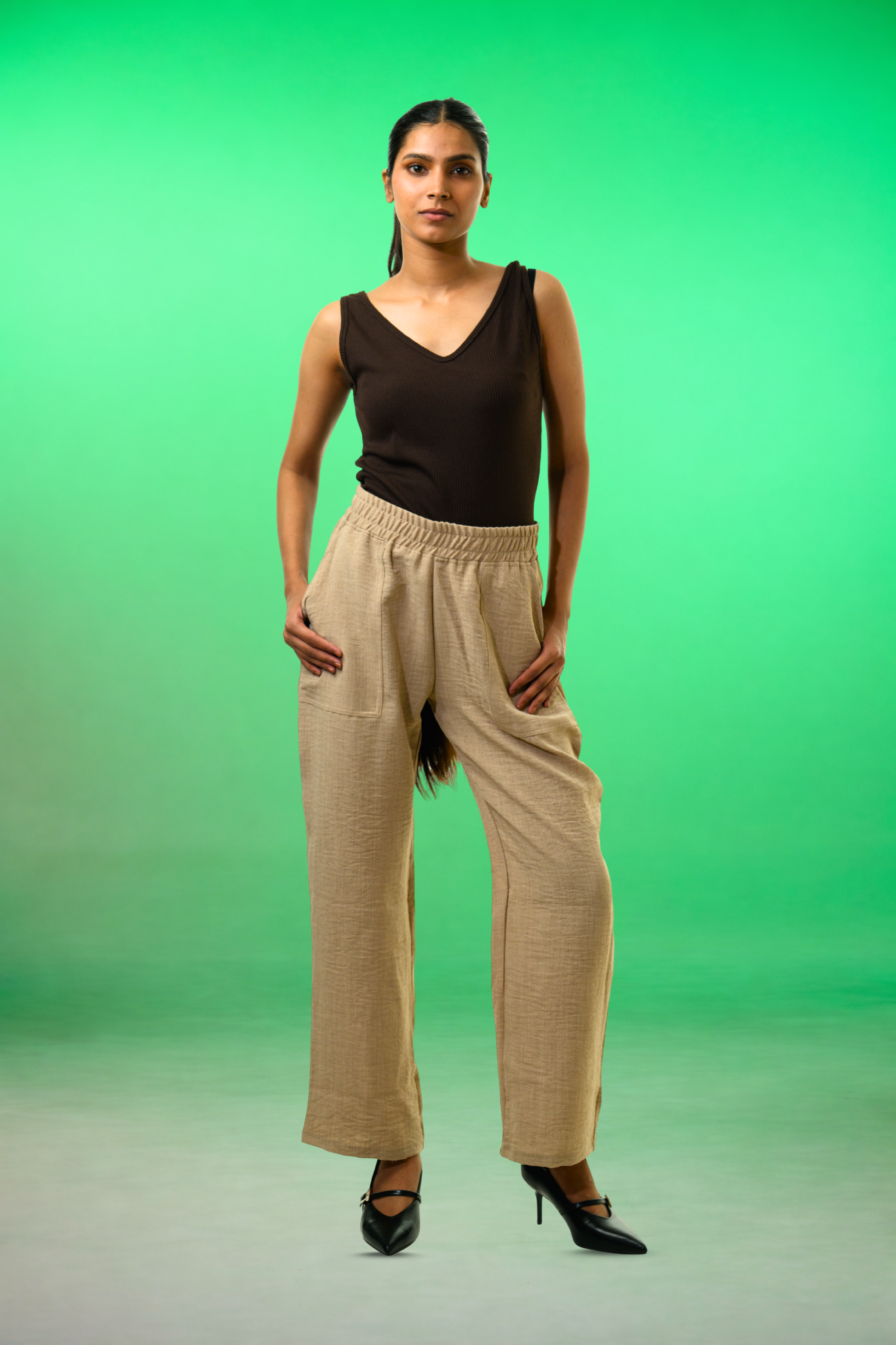 Linen Drawstring Waist Pants - Beige