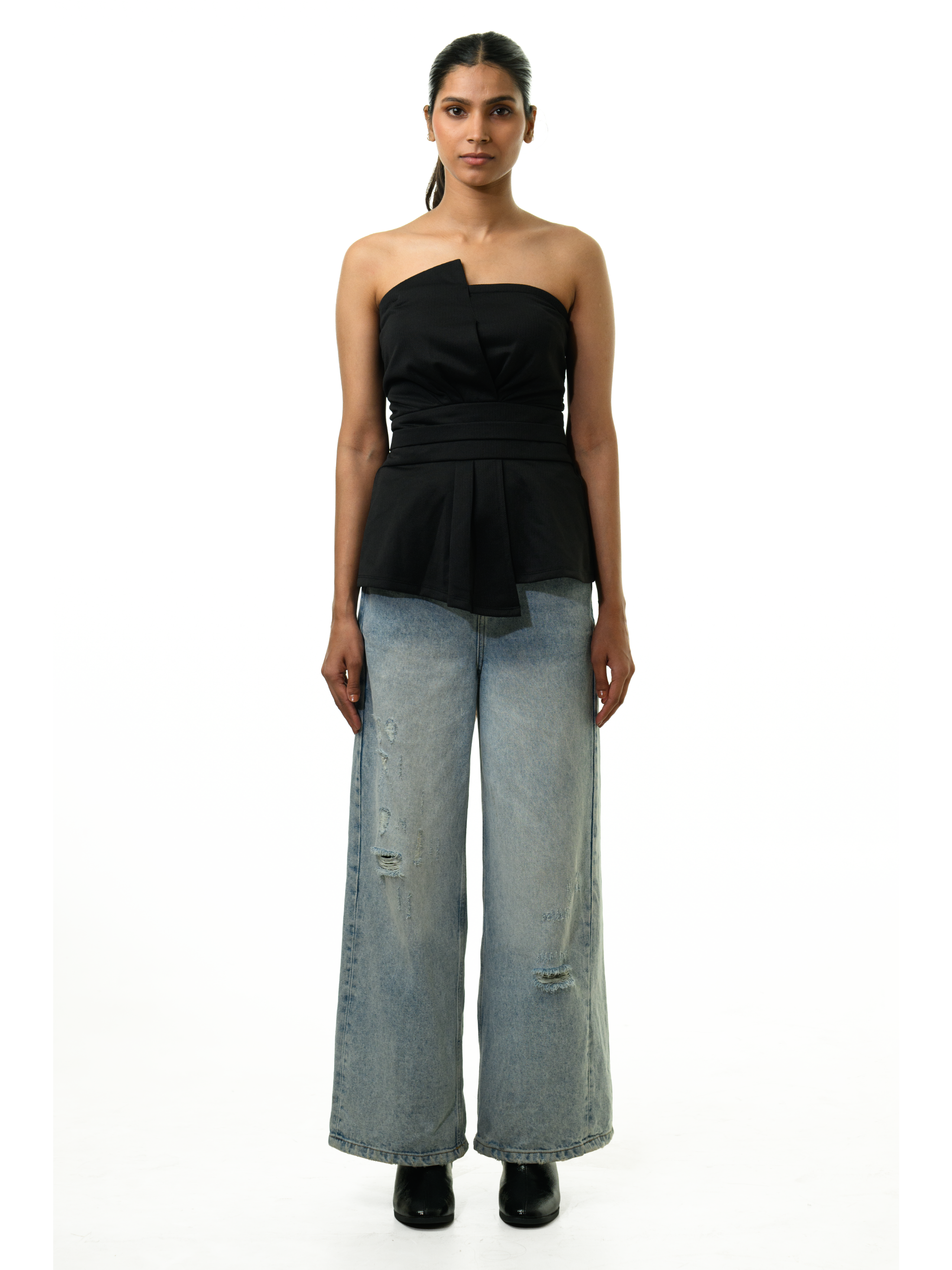 Cinched Sleeveless Strapless Top - Black