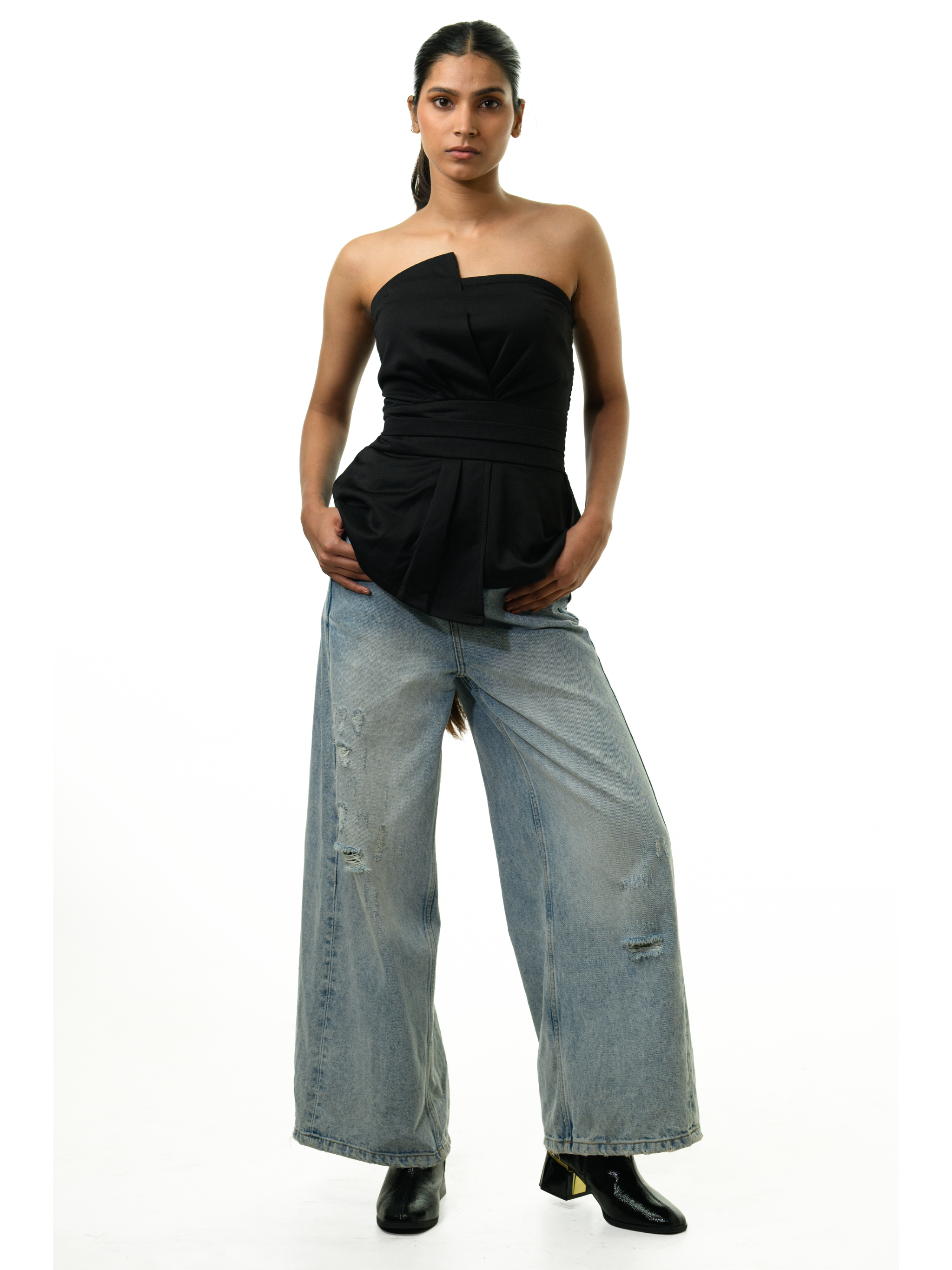 Cinched Sleeveless Strapless Top - Black