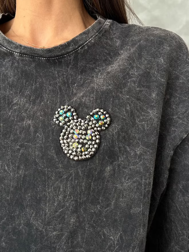 Anthracite Washed Blouse With Stones On The Chest