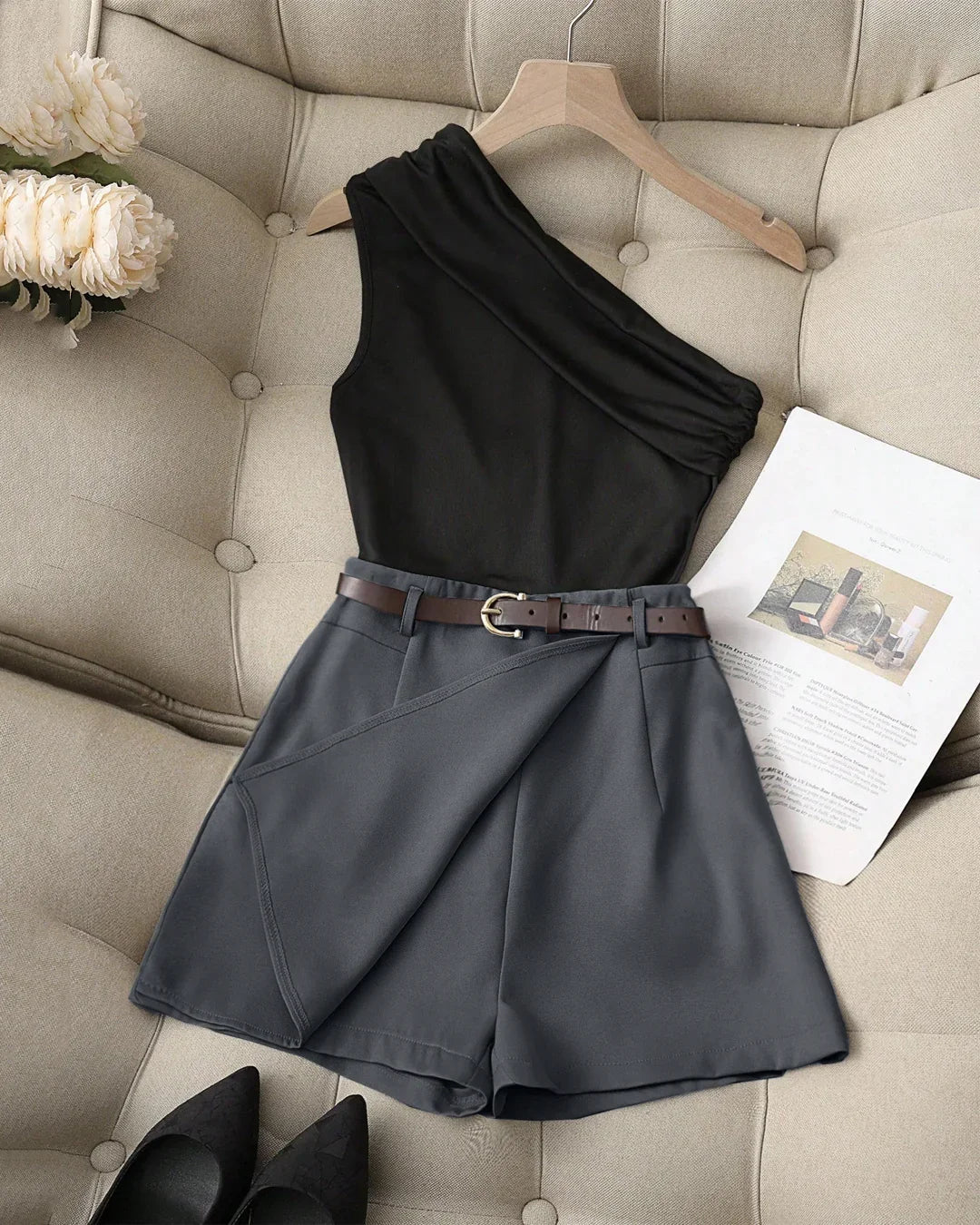 Black One-Shoulder Top & Dark Grey High-Waist Shorts Matching Set