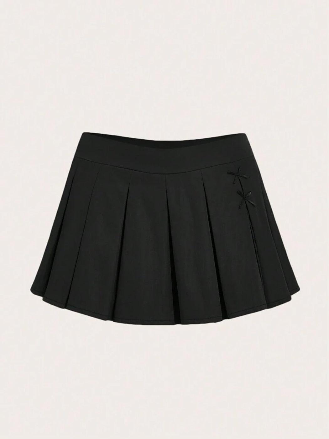 High Waisted Black High Waisted Pleated Mini Skirt with Bow Details