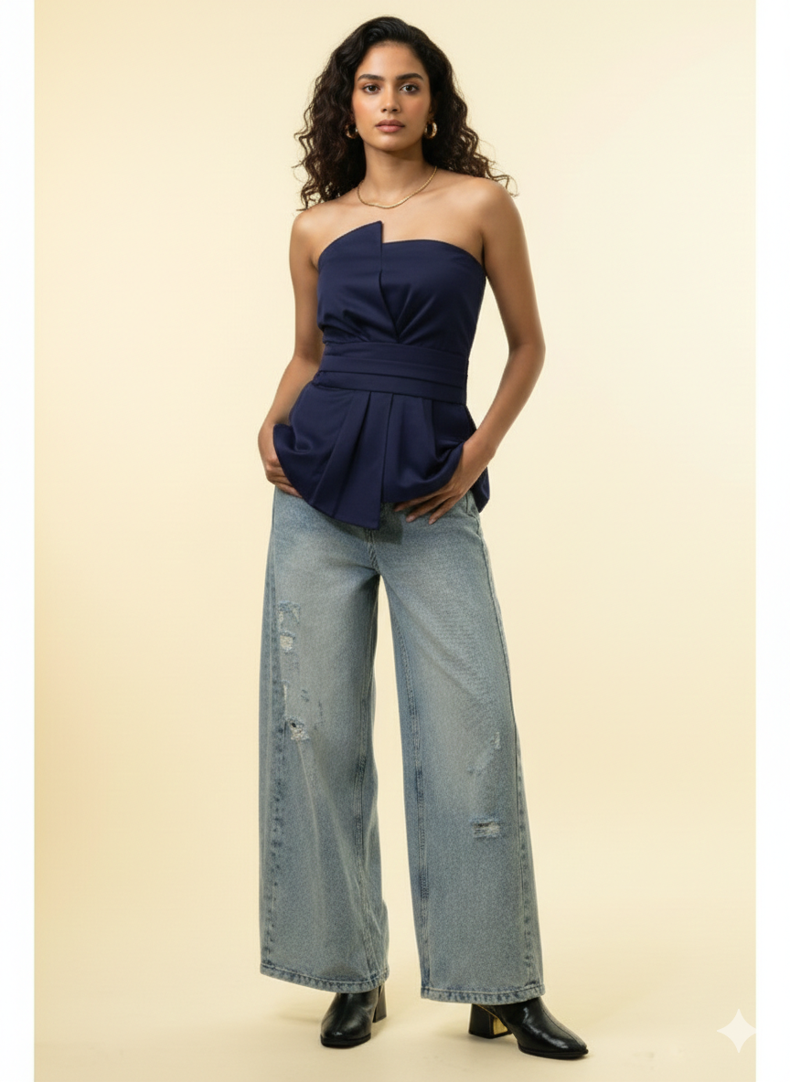 Cinched Sleeveless Strapless Top - Navy Blue