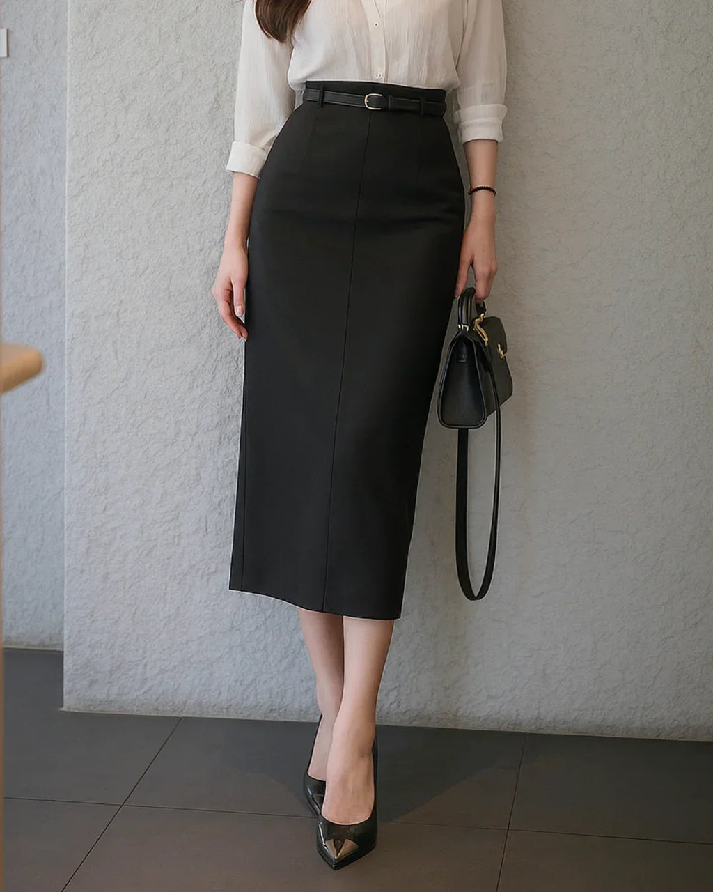 Linen-blend Mid Rise Solid Midi Skirt Without Belt In Black