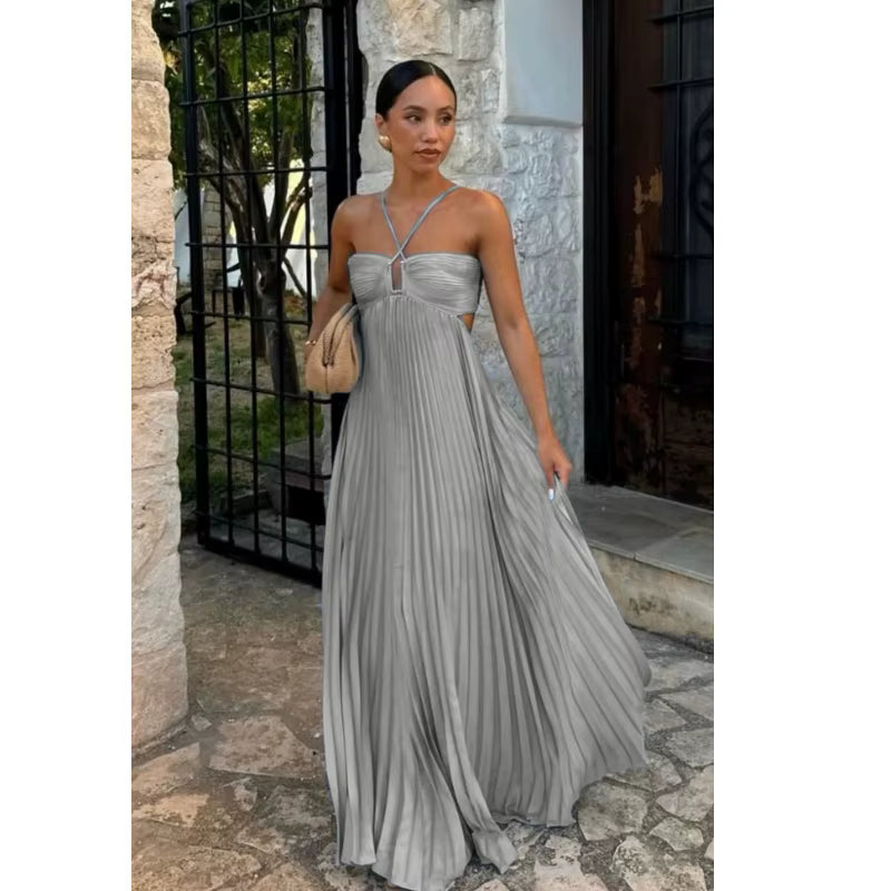 Ladies Dress Manufacturer New Summer Solid Color Pleated Sleeveless Tube Top with Spaghetti Straps