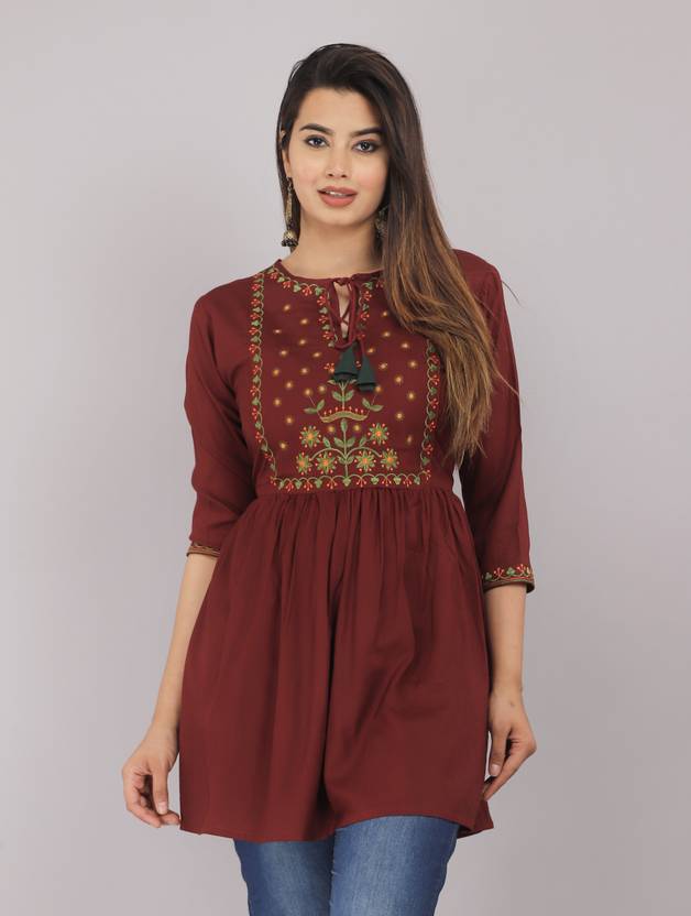 Casual Regular Sleeves Embroidered Women Maroon Top