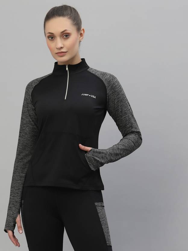 Women Solid High Neck Polyester Black T-Shirt