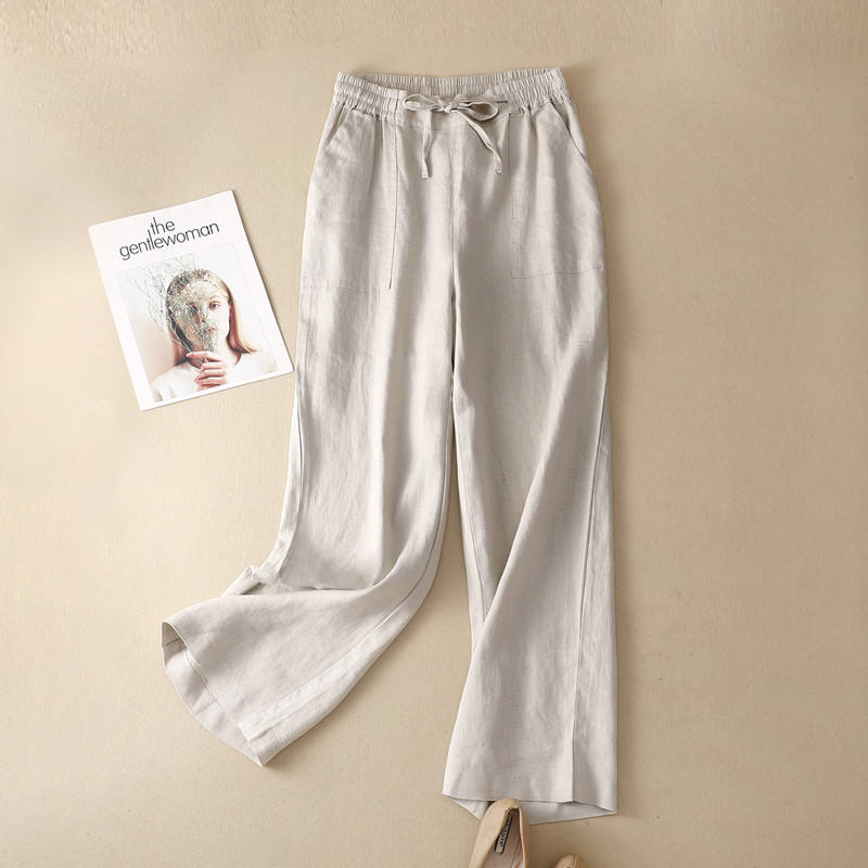 Summer Casual Wear Woman Straight Loose Pants 2024 Drawstring Waist Linen Trousers